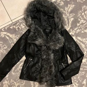 Leather jacket with faux fur and hood